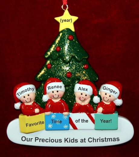 Family Christmas Ornament in Front of Tree Just the 4 Kids Personalized by RussellRhodes.com