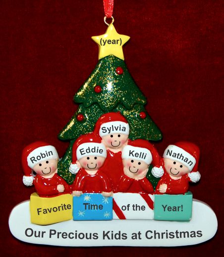 Family Christmas Ornament in Front of Tree Just the 5 Kids Personalized by RussellRhodes.com