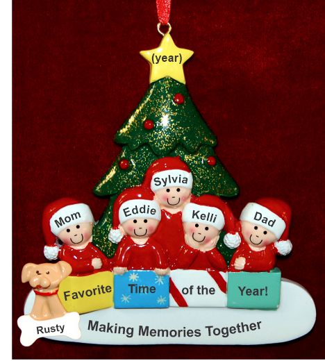 Family Christmas Ornament in Front of Tree for 5 with Pets Personalized by RussellRhodes.com