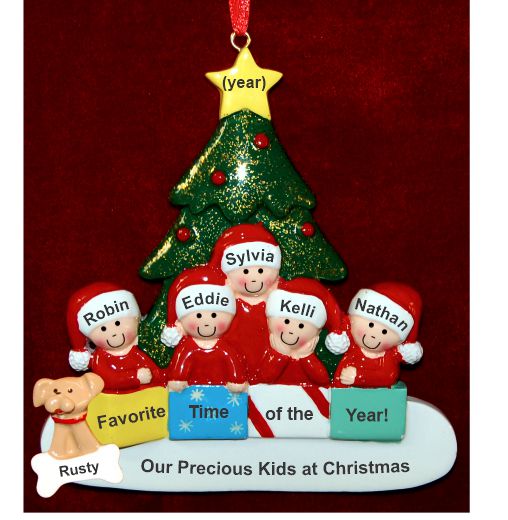 Family Christmas Ornament in Front of Tree Just the 5 Kids with Pets Personalized by RussellRhodes.com