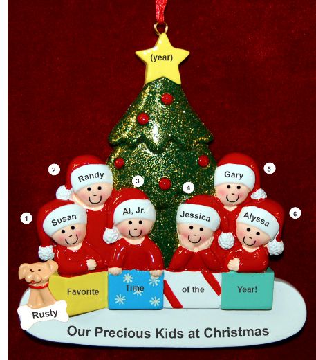 Family Christmas Ornament in Front of Tree Just the 6 Kids with Pets Personalized by RussellRhodes.com