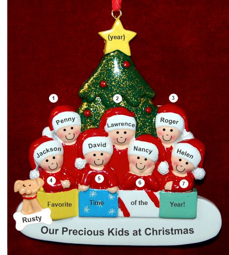 Family Christmas Ornament in Front of Tree Just the 7 Kids with Pets Personalized by RussellRhodes.com