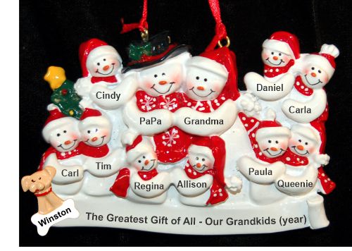 Grandparents with 9 Grandkids  Christmas Ornament Snowman Snuggles with Pets Personalized by RussellRhodes.com