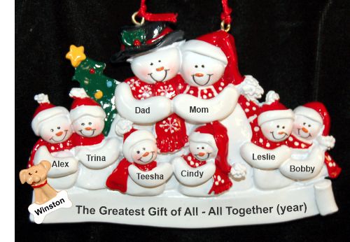 Family Christmas Ornament Snowman Snuggles for 8 with Pets Personalized by RussellRhodes.com