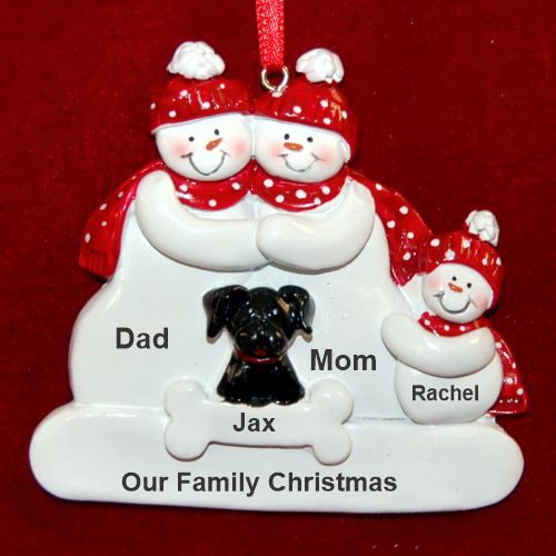 Family Christmas Ornament for 3 with Black Dog Personalized by RussellRhodes.com