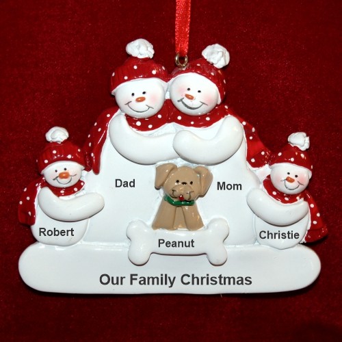 Snow Family of 4 with Tan Dog Christmas Ornament Personalized by RussellRhodes.com