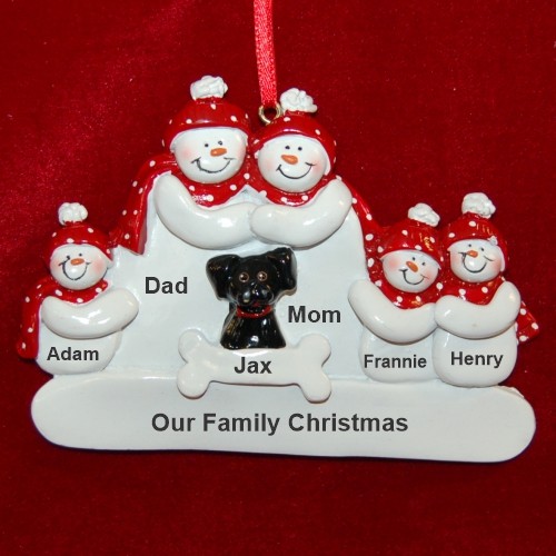 Snow Family of 5 with Black Dog Christmas Ornament Personalized by RussellRhodes.com