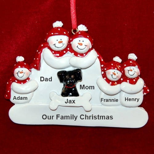 Family Christmas Ornament for 5 with Black Dog Personalized by RussellRhodes.com