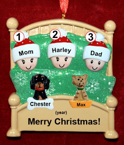 Family Christmas Ornament Cozy & Warm for 3 with 2 Dogs, Cats, Pets Custom Add-ons Personalized by RussellRhodes.com