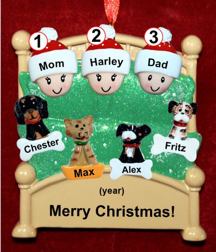 Family Christmas Ornament Cozy & Warm for 3 with 4 Dogs, Cats, Pets Custom Add-ons Personalized by RussellRhodes.com