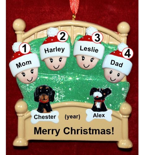 Family Christmas Ornament Cozy & Warm for 4 with 2 Dogs, Cats, Pets Custom Add-ons Personalized by RussellRhodes.com