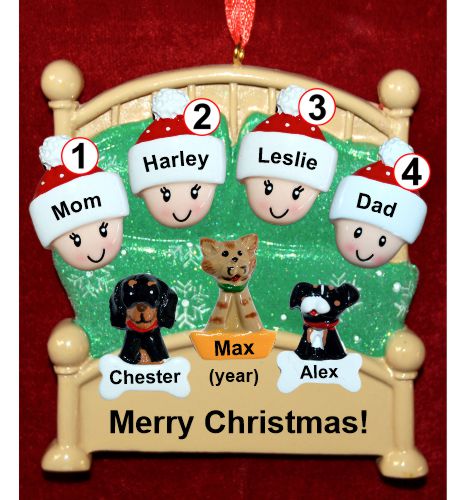 Family Christmas Ornament Cozy & Warm for 4 with 3 Dogs, Cats, Pets Custom Add-ons Personalized by RussellRhodes.com