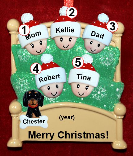 Family Christmas Ornament Cozy & Warm for 5 with 1 Dog, Cat, Pets Custom Add-ons Personalized by RussellRhodes.com