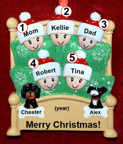 Family Christmas Ornament Cozy & Warm for 5 with 2 Dogs, Cats, Pets Custom Add-ons Personalized by RussellRhodes.com