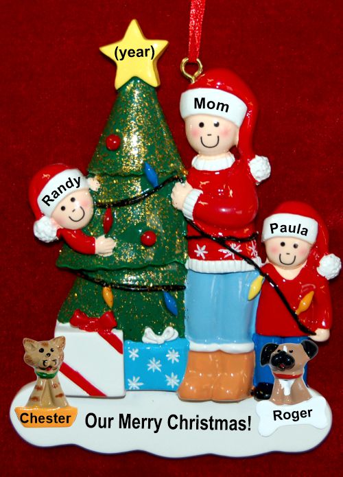 Single Mom Christmas Ornament 2 Children Decorating Our Tree with 2 Dogs, Cats, Pets Custom Add-ons Personalized by RussellRhodes.com