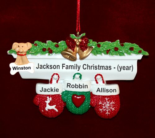 Family Christmas Ornament Festive Mittens for 3 with Pets Personalized by RussellRhodes.com