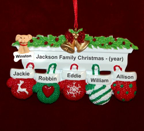 Family Christmas Ornament Festive Mittens for 5 with Pets Personalized by RussellRhodes.com