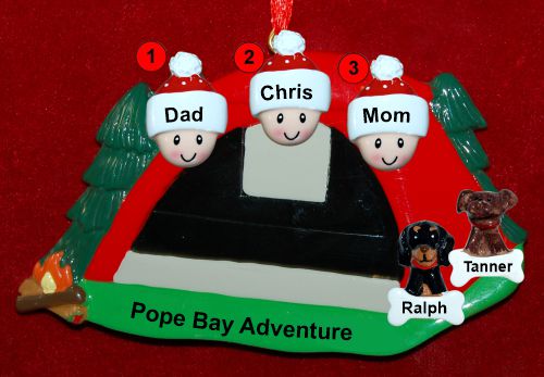 Family Camping Christmas Ornament Adventure for 3 with 2 Dogs, Cats, Pets Custom Add-ons Personalized by RussellRhodes.com