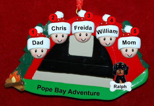Family Camping Christmas Ornament Adventure for 5 with 1 Dog, Cat, Pets Custom Add-ons Personalized by RussellRhodes.com
