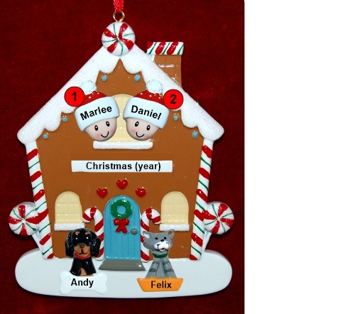 Couples Gingerbread House Christmas Ornament with 2 Dogs, Cats, Pets Custom Add-ons Personalized by RussellRhodes.com