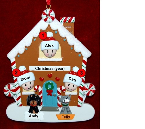 Family of 3 Gingerbread House Christmas Ornament with 2 Dogs, Cats, Pets Custom Add-ons Personalized by RussellRhodes.com
