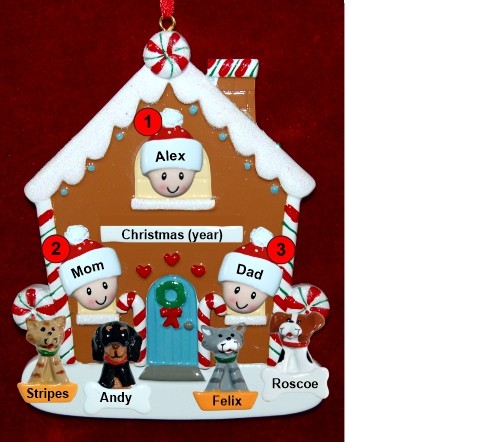 Family of 3 Gingerbread House Christmas Ornament with 4 Dogs, Cats, Pets Custom Add-ons Personalized by RussellRhodes.com