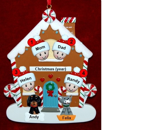 Family of 4 Gingerbread House Christmas Ornament with 2 Dogs, Cats, Pets Custom Add-ons Personalized by RussellRhodes.com