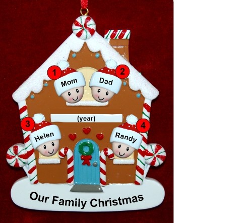 Family of 4 Gingerbread House Christmas Ornament Personalized by RussellRhodes.com
