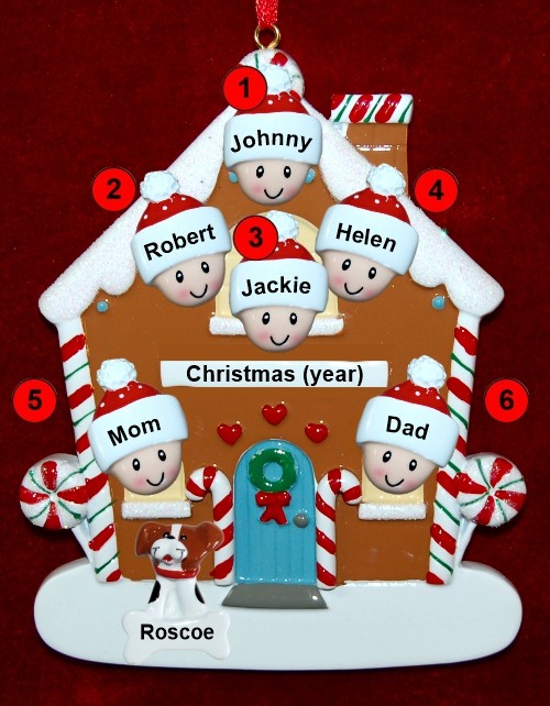 Family of 6 Gingerbread House Christmas Ornament with 1 Dog, Cat, Pets Custom Add-ons Personalized by RussellRhodes.com
