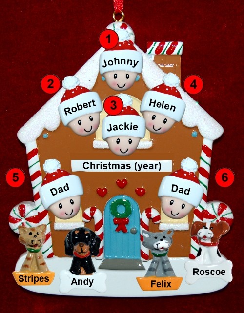 Family of 6 Gingerbread House Christmas Ornament with 4 Dogs, Cats, Pets Custom Add-ons Personalized by RussellRhodes.com