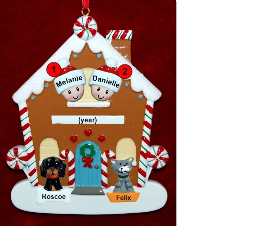 Couples Gingerbread House Christmas Ornament with 2 Dogs, Cats, Pets Custom Add-ons Personalized by RussellRhodes.com