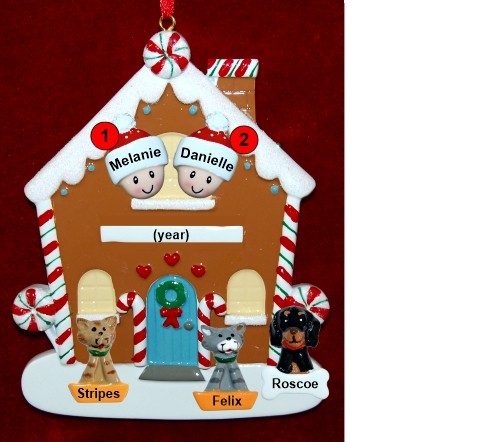 Couples Gingerbread House Christmas Ornament with 3 Dogs, Cats, Pets Custom Add-ons Personalized by RussellRhodes.com