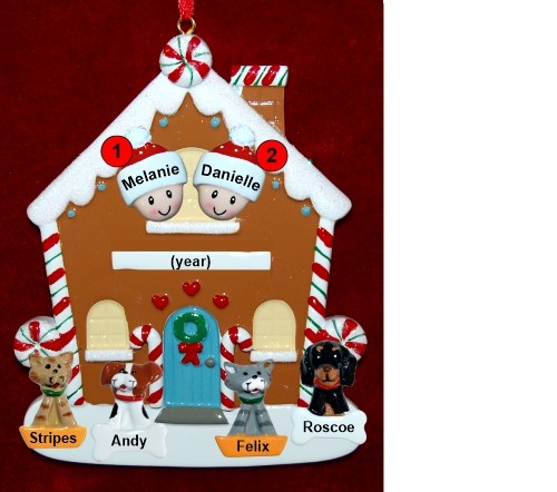 Couples Gingerbread House Christmas Ornament with 4 Dogs, Cats, Pets Custom Add-ons Personalized by RussellRhodes.com
