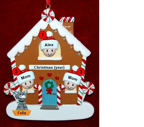 Family of 3 Gingerbread House Christmas Ornament with 1 Dog, Cat, Pets Custom Add-ons Personalized by RussellRhodes.com
