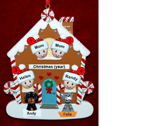 Family of 4 Gingerbread House Christmas Ornament with 2 Dogs, Cats, Pets Custom Add-ons Personalized by RussellRhodes.com