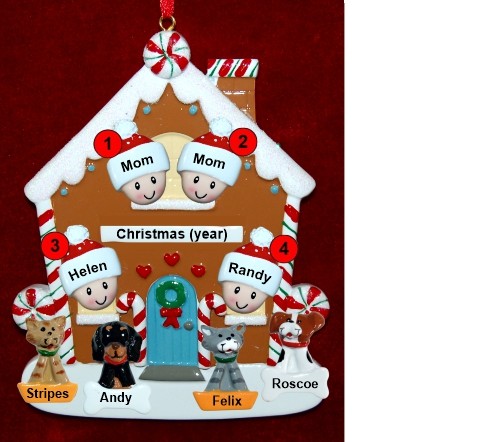 Family of 4 Gingerbread House Christmas Ornament with 4 Dogs, Cats, Pets Custom Add-ons Personalized by RussellRhodes.com