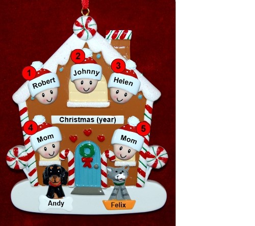 Family of 5 Gingerbread House Christmas Ornament with 2 Dogs, Cats, Pets Custom Add-ons Personalized by RussellRhodes.com