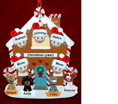 Family of 5 Gingerbread House Christmas Ornament with 4 Dogs, Cats, Pets Custom Add-ons Personalized by RussellRhodes.com