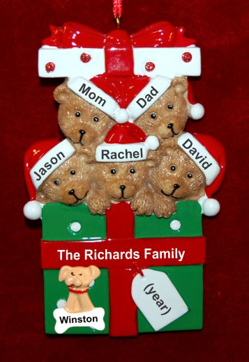 Family of 5 Christmas Ornament Hugs & Cuddles with Pets Personalized by RussellRhodes.com