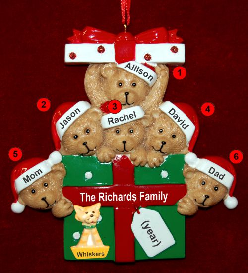 Family of 6 Christmas Ornament Hugs & Cuddles with Dogs, Cats, Pets Custom Add-ons Personalized by RussellRhodes.com