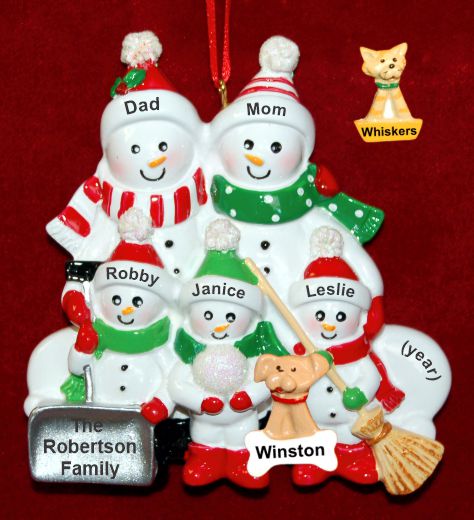 Family Christmas Ornament Snow & Fun for 5 with Pets Personalized by RussellRhodes.com