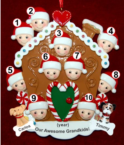 Grandparents Christmas Ornament Gingerbread Joy 10 Grandkids with 2 Dogs, Cats, Pets Custom Add-ons Personalized by RussellRhodes.com