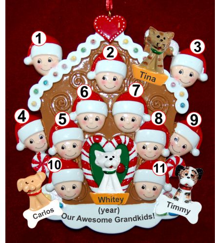 Grandparents Christmas Ornament Gingerbread Joy 11 Grandkids with 4 Dogs, Cats, Pets Custom Add-ons Personalized by RussellRhodes.com