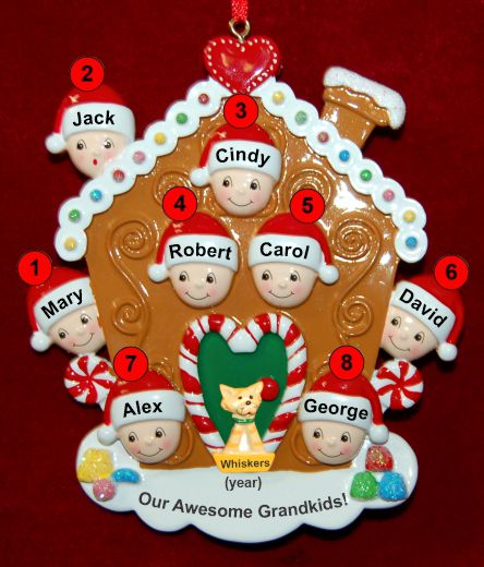 Grandparents Christmas Ornament Gingerbread Joy 8 Grandkids with Pets Personalized by RussellRhodes.com