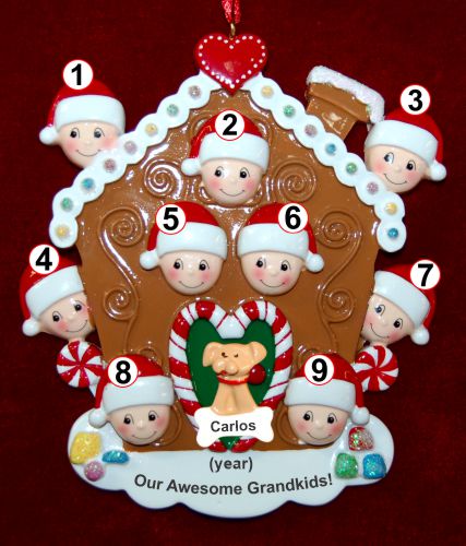 Grandparents Christmas Ornament Gingerbread Joy for 9 with 1 Dog, Cat, Pets Custom Add-on Personalized by RussellRhodes.com