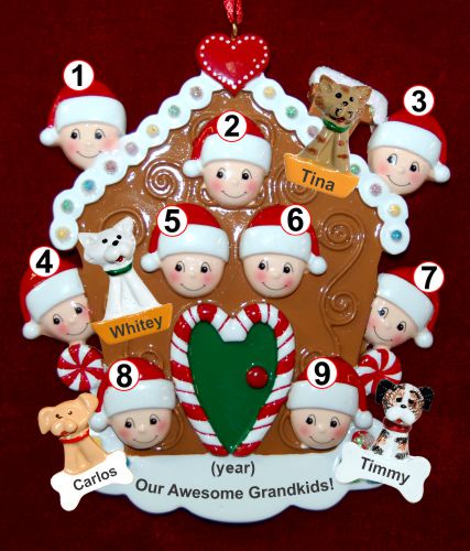 Grandparents Christmas Ornament Gingerbread Joy 9 Grandkids with 4 Dogs, Cats, Pets Custom Add-ons Personalized by RussellRhodes.com