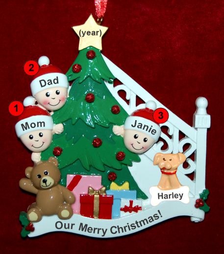 Family Christmas Ornament Ready to Celebrate for 3 with Pets Personalized by RussellRhodes.com
