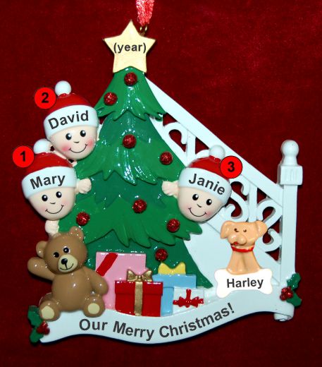 Family Christmas Ornament Ready to Celebrate Just the 3 Kids with Pets Personalized by RussellRhodes.com