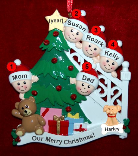 Family Christmas Ornament Ready to Celebrate for 5 with Pets Personalized by RussellRhodes.com