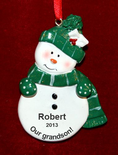 Grandson Christmas Ornament Green Snowman Personalized by RussellRhodes.com